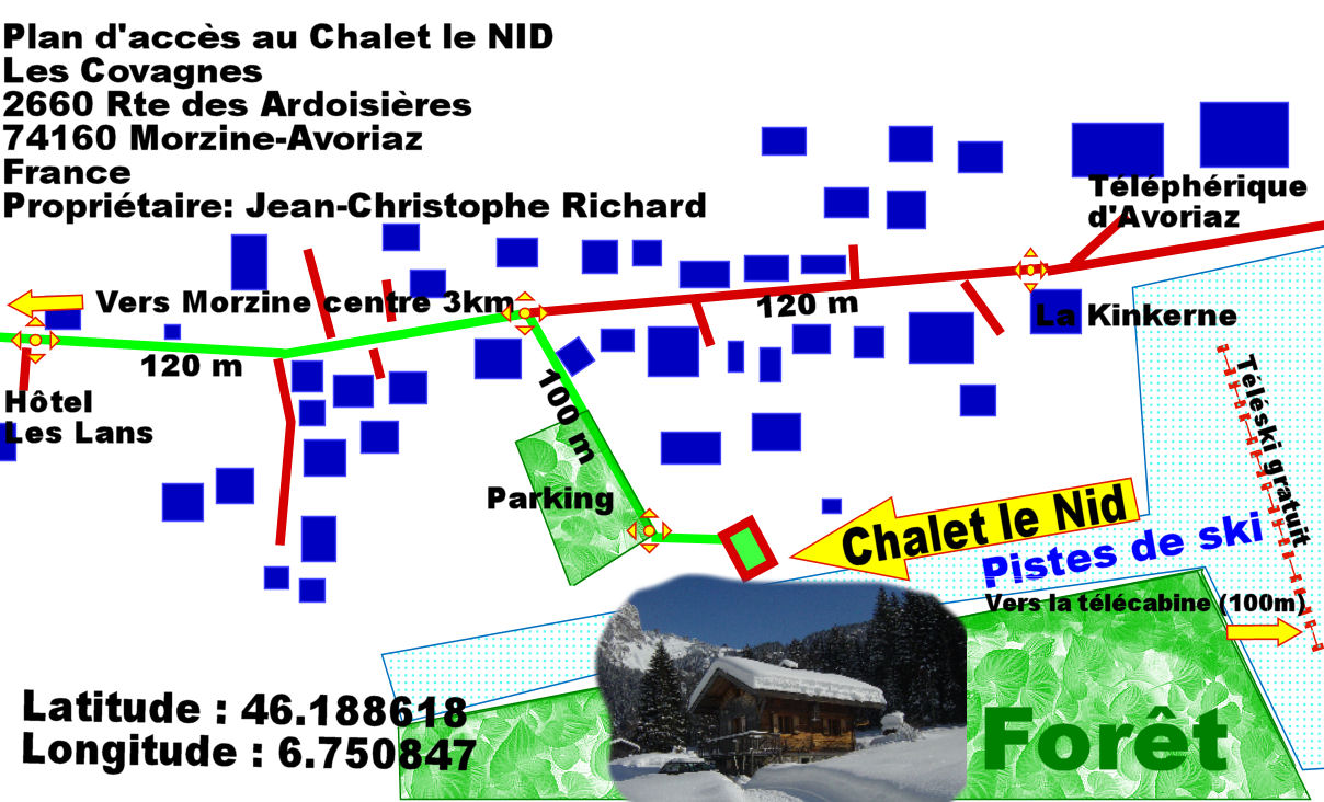 Plan d'acces au chalet le Nid, aux Covagnes, dans la vallée des Ardoisières, à Morzine, France.