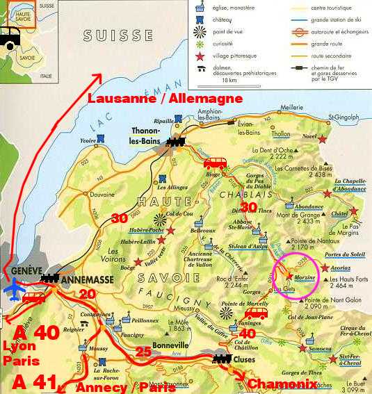 Carte de la Haute-Savoie. Plan du chablais et itinéraires pour accéder à Morzine, par la route, le train, le bus, ou l'avion.