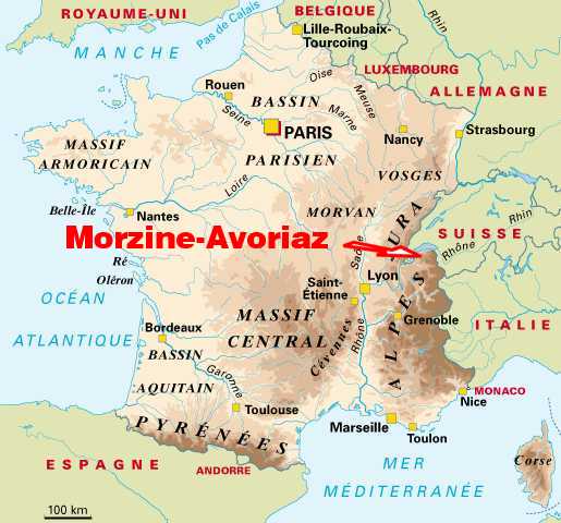 Carte de france, situation de la station de ski de Morzine-Avoriaz, Portes du Soleil.74, Haute-Savoie,Alpes, France, Europe