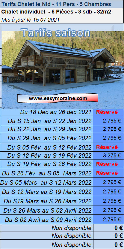 Tarifs et disponibilités hiver  du chalet le Nid - Location meublée Morzine-Avoriaz